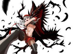 Rule 34 | 10s, 1girl, alisa ilinichina amiella, arched back, attack, black feathers, black footwear, black pantyhose, blue eyes, boots, breasts, feathers, foreshortening, gloves, god eater, groin, large breasts, miniskirt, navel, pantyhose, screaming, shin (shion3141592), silver hair, simple background, skirt, solo, suspender skirt, suspenders, thigh boots, thighhighs, underboob, weapon, white background