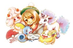 Rule 34 | 1girl, alcremie, alcremie (strawberry sweet), alcremie (vanilla cream), asymmetrical hair, brown eyes, brown hair, closed mouth, commentary request, copyright name, creatures (company), dog, food, fruit, galarian form, galarian ponyta, game freak, gen 8 pokemon, gloria (pokemon), green headwear, holding, holding pokemon, horns, kumagorou (pixiv874406), looking at viewer, nintendo, pokemon, pokemon (creature), pokemon swsh, short hair, simple background, single horn, smile, sobble, strawberry, tears, unicorn, white background, yamper
