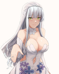 Rule 34 | 1girl, breasts, bride, cleavage, cowboy shot, cyka, detached collar, dress, elbow gloves, facial mark, frills, girls&#039; frontline, gloves, green eyes, highres, hk416 (girls&#039; frontline), hk416 (moonlit devotion) (girls&#039; frontline), jewelry, large breasts, long hair, ornate ring, ring, silver hair, simple background, solo, strapless, strapless dress, teardrop, teardrop facial mark, teardrop tattoo, wedding dress, wedding ring, white background, white dress