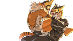 Rule 34 | 2boys, after kiss, alternate costume, animal ears, ass, back, bara, beige fur, black suit, blush, bodysuit, bulge, facial hair, formal, furry, furry male, furry with furry, goatee, highres, implied anal, implied sex, large pectorals, live a hero, male focus, mask, multiple boys, muscular, muscular male, orange bodysuit, orange fur, pectorals, relax lion, ryekie (live a hero), saliva, saliva trail, selfcest, spikes, spread legs, suit, tail, thighs, through clothes, tiger boy, tiger ears, tiger tail, tongue, tongue out, two-tone fur, yaoi