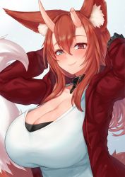 Rule 34 | 1girl, animal ear fluff, animal ears, arms behind head, black collar, blush, breasts, broken horn, chain, cleavage, closed mouth, collar, commentary, commission, copyright request, cream cod, english commentary, fang, grey eyes, hair between eyes, heterochromia, highres, horns, large breasts, lips, looking at viewer, oni horns, red eyes, smile, solo, tail, upper body