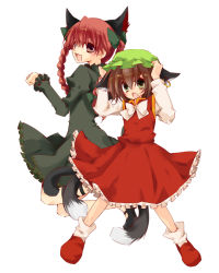 Rule 34 | 2girls, animal ears, braid, brown eyes, cat ears, cat girl, cat tail, chen, earrings, female focus, hair ribbon, hat, jewelry, kaenbyou rin, mao (alepricos), multiple girls, multiple tails, red eyes, red hair, ribbon, short hair, tail, touhou, twin braids, twintails