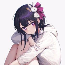 Rule 34 | 1girl, :o, blush, bow, chromatic aberration, grey hoodie, hair bow, hair ornament, head rest, highres, hood, hood down, hoodie, hoshino ai (oshi no ko), hugging own legs, knees up, leaning forward, long bangs, long hair, looking at viewer, nail polish, open mouth, oshi no ko, pink bow, pink nails, purple eyes, purple hair, rabbit hair ornament, simple background, sitting, sleeves past wrists, sleeves pushed up, solo, soybean (hisoybean), star-shaped pupils, star (symbol), star hair ornament, symbol-shaped pupils, upper body, v, white background