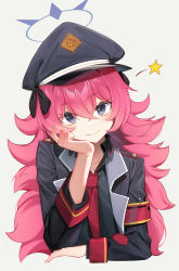 Rule 34 | 1girl, absurdres, armband, black ribbon, black shirt, blue archive, blush, closed mouth, collared shirt, cropped torso, epaulettes, grey eyes, grey hat, halo, hat, hat ribbon, head rest, highres, iroha (blue archive), jacket, long hair, long sleeves, looking at viewer, military, military hat, military jacket, military uniform, necktie, open collar, peaked cap, red hair, red necktie, ribbon, safety pin, shirt, simple background, smile, solo, star (symbol), sugar (dndi888), uniform, wavy hair, white background