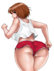 Rule 34 | 1girl, ass, back, blue eyes, brown hair, curvy, female focus, from behind, huge ass, looking back, matoyama, running, short hair, shorts, simple background, solo, sportswear