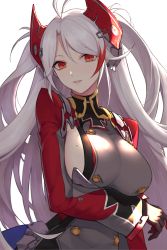 Rule 34 | 1girl, azur lane, breasts, hand on breast, highres, large breasts, long hair, looking at viewer, mole, mole on breast, open mouth, prinz eugen (azur lane), qb 516, red eyes, silver hair, smile, solo, tagme, white background