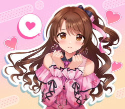 Rule 34 | 1girl, blouse, blush, brown hair, clenched hands, clothing cutout, earrings, furrowed brow, heart, heart earrings, highres, idol, idolmaster, idolmaster cinderella girls, idolmaster cinderella girls starlight stage, jewelry, looking at viewer, one side up, outline, pink shirt, polka dot, polka dot background, sakura ran, shimamura uzuki, shirt, shoulder cutout, solo, spoken heart, upper body, wavy hair, white outline