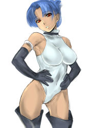 Rule 34 | 1girl, arika, bad id, bad pixiv id, bare shoulders, blair dame, blue hair, breasts, capcom, dodai shouji, elbow gloves, gloves, large breasts, leotard, short hair, simple background, solo, street fighter, street fighter ex (series)