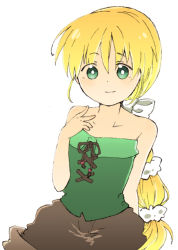 Rule 34 | 1girl, bare shoulders, bow, closed mouth, commentary request, green eyes, kyuuri (89314), long hair, looking at viewer, multi-tied hair, ponytail, ribbon, saga, saga frontier 2, shorts, simple background, smile, solo, very long hair, virginia knights, white background