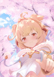 Rule 34 | andira (granblue fantasy), animal ears, blonde hair, blush, bow, breasts, cherry blossoms, eyebrows, granblue fantasy, hair bow, hair ornament, highres, kimblee, looking at viewer, monkey ears, navel, red eyes, ribbon, short hair, smile, solo