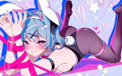 Rule 34 | 1girl, animal ears, ass, bare shoulders, black leotard, blue eyes, blue hair, blush, breasts, detached collar, fake animal ears, fake tail, grin, hair ornament, hairband, hatsune miku, highleg, highleg leotard, leotard, looking at viewer, lying, medium breasts, on stomach, pantyhose, playboy bunny, pure pure (rabbit hole), rabbit ears, rabbit hole (vocaloid), rabbit tail, ribbon, rimuu, smile, solo, tail, twintails, vocaloid, x hair ornament