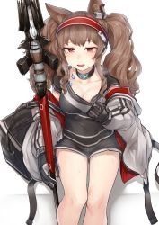Rule 34 | 1girl, absurdres, angelina (arknights), animal ears, arknights, blush, breasts, brown hair, cleavage, fox ears, gloves, hairband, highres, holding, holding staff, jacket, k0ng, long hair, material growth, off shoulder, open mouth, oripathy lesion (arknights), red eyes, shorts, sitting, solo, staff, sweat, tongue, tongue out, very long hair