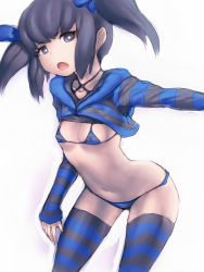 Rule 34 | 10s, 1girl, arched back, bikini, blue eyes, blue hair, breasts, clothes lift, covered erect nipples, danball senki, female focus, flat chest, fumio (rsqkr), hip focus, matching hair/eyes, micro bikini, mikage mika, navel, open mouth, shirt lift, short hair, sidelocks, simple background, small breasts, solo, striped bikini, striped clothes, striped thighhighs, swimsuit, thighhighs, twintails, vertical-striped bikini, vertical-striped clothes