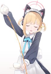 Rule 34 | 1girl, amano kokoko, animal ear headphones, animal ears, apron, black dress, blonde hair, blue archive, blue necktie, cat ear headphones, closed eyes, cup, dress, fake animal ears, halo, headphones, highres, holding, holding saucer, holding teapot, momoi (blue archive), necktie, open mouth, pink halo, pouring, saucer, short hair, simple background, solo, teacup, teapot, white apron, white background