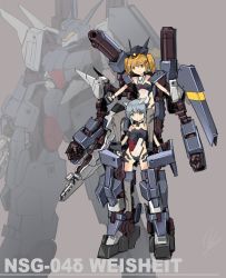 Rule 34 | absurdres, blonde hair, blue eyes, blue hair, brown eyes, clenched hands, exoskeleton, flat chest, frame arms, frame arms girl, grey legwear, hair ornament, hairclip, head tilt, highres, leotard, mecha, mecha musume, personification, projected inset, robot, sadamatsu ryuuichi, see-through, see-through leotard, short hair, smile, thighhighs, twintails, visor, weisheit (frame arms)