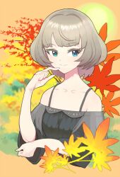 Rule 34 | 1girl, autumn leaves, bare shoulders, blue eyes, breasts, brown hair, closed mouth, commentary request, finger to mouth, green eyes, grey hair, grey shirt, hand up, heterochromia, idolmaster, idolmaster cinderella girls, leaf, looking to the side, maple leaf, moudoku (decopon3rd), off-shoulder shirt, off shoulder, shirt, short hair, small breasts, solo, spaghetti strap, takagaki kaede, upper body, wide sleeves
