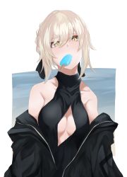 Rule 34 | 1girl, absurdres, artoria pendragon (alter swimsuit rider) (fate), artoria pendragon (alter swimsuit rider) (first ascension) (fate), artoria pendragon (fate), bare shoulders, black jacket, black one-piece swimsuit, black ribbon, blonde hair, braid, breasts, brown eyes, cleavage, cleavage cutout, clothing cutout, collarbone, commentary request, covered collarbone, fate/grand order, fate (series), food, food in mouth, hair between eyes, hair ribbon, highres, jacket, looking at viewer, medium breasts, mouth hold, off shoulder, one-piece swimsuit, open clothes, open jacket, popsicle, ribbon, sidelocks, solo, swimsuit, upper body, yuki maccha (yukimattya10)