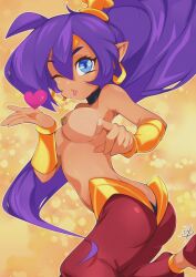 Rule 34 | 1girl, absurdres, ass, blowing kiss, blue eyes, butt crack, delux drawings, from behind, heart, highres, kiss, lips, long hair, looking at viewer, nipples, one eye closed, pants, pointy ears, ponytail, purple hair, shantae, shantae (series), solo, third-party edit, very long hair, wink