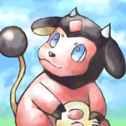 Rule 34 | blue eyes, blue sky, bright pupils, closed mouth, cloud, commentary, cow, creatures (company), day, english commentary, floppy ears, game freak, gen 2 pokemon, hooves, horns, looking away, miltank, nintendo, no humans, outdoors, pokemon, pokemon (creature), sailorclef, sky, smile, solo, tail raised, udder, white horns, white pupils, yellow tail