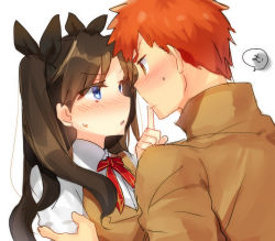 Rule 34 | 1boy, 1girl, :o, black hair, black ribbon, blue eyes, blush, bow, bowtie, brown eyes, brown hair, couple, emiya shirou, eye contact, fate/stay night, fate (series), finger to another&#039;s mouth, finger to mouth, full-face blush, hair ribbon, hetero, homurahara academy school uniform, hug, imminent kiss, long hair, looking at another, open mouth, orange hair, parted lips, ribbon, school uniform, short hair, shushing, simple background, suurin (ksyaro), sweat, sweatdrop, tohsaka rin, twintails, two side up, upper body, vest, white background