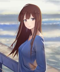 Rule 34 | 1girl, 556, absurdres, beach, blue shirt, breasts, brown eyes, brown hair, closed mouth, collarbone, covered erect nipples, from side, highres, long hair, long sleeves, looking at viewer, medium breasts, original, outdoors, pink lips, shirt, solo, standing, upper body, water