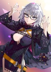 Rule 34 | 1girl, absurdres, artist name, belt, black dress, black jacket, blue eyes, breasts, cleavage, cropped jacket, dress, fate/grand order, fate (series), glasses, grey hair, highres, hood, hooded jacket, jacket, jacques de molay (foreigner) (fate), lamb, large breasts, long sleeves, looking at viewer, open clothes, open jacket, sheep, short dress, short hair, sword, thighs, watermark, weapon, yun-yang
