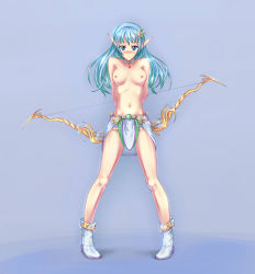 Rule 34 | 1girl, atomix, blue eyes, blue hair, blush, boots, bow (weapon), breasts, choker, elf, hair ornament, legs, long hair, looking at viewer, matching hair/eyes, navel, nipples, original, pointy ears, simple background, smile, solo, standing, topless, weapon
