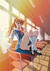 Rule 34 | 1girl, artist request, ass, bare legs, blue eyes, blush, box, classroom, cowboy shot, gift, gift box, hand in own hair, hand up, heart-shaped box, highres, huge ass, incoming gift, interface headset, light particles, long hair, looking at viewer, neck ribbon, neon genesis evangelion, outdoors, parted lips, red ribbon, ribbon, school uniform, shirt, short sleeves, sitting, skirt, solo, souryuu asuka langley, suspender skirt, suspenders, tokyo-3 middle school uniform, valentine, white shirt
