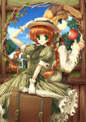 Rule 34 | 1boy, 1girl, anne of green gables, anne shirley, apple, blonde hair, blue eyes, braid, closed umbrella, cloud, day, dress, food, frilled gloves, frills, fruit, gilbert blythe, gloves, green eyes, hair ribbon, happy, hat, long hair, nippon animation, okonogi noi, open mouth, red hair, ribbon, sky, striped clothes, striped dress, suitcase, tree, twin braids, umbrella, vertical-striped clothes, vertical-striped dress, white gloves, world masterpiece theater