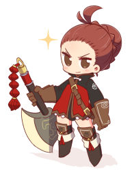 Rule 34 | &gt;:), 1girl, 7th dragon, 7th dragon (series), axe, black footwear, black thighhighs, blush, boots, braid, brown eyes, brown gloves, brown hair, character request, chibi, closed mouth, fighter (7th dragon), forehead, full body, gloves, hair bun, highres, holding, holding axe, jacket, knee boots, long sleeves, looking at viewer, moiko (7th dragon), naga u, red jacket, shadow, single hair bun, smile, solo, sparkle, standing, thighhighs, thighhighs under boots, v-shaped eyebrows, white background