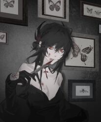 Rule 34 | 1girl, black dress, black gloves, black hair, blood, blood on face, breasts, bug, butterfly, cleavage, cross, dress, gloves, highres, holding, holding knife, insect, jiao chang, knife, medium breasts, original, poster (object), red eyes, solo