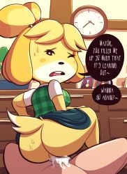 Rule 34 | 1boy, 1girl, animal crossing, animal ears, ass, bell, black eyes, blonde hair, blue skirt, blush stickers, bonsai, breasts, buck teeth, clock, clothed female nude male, clothes lift, cum, cum in pussy, desk, dog ears, dog girl, dog tail, english text, erection, from behind, furry, girl on top, green vest, hair bell, hair ornament, hair tie, half-closed eye, hetero, highres, indoors, interspecies, isabelle (animal crossing), jingle bell, looking at viewer, looking back, medium breasts, miniskirt, nintendo, no panties, nude, one eye closed, open mouth, penis, plaid, plaid vest, pov, sex, shirt, short hair, short sleeves, sitting, sitting on person, skirt, skirt lift, speech bubble, spread legs, steecks, sweat, tail, talking, teeth, testicles, text focus, topknot, uncensored, veins, veiny penis, vest, villager (animal crossing), white shirt