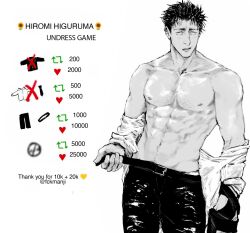 Rule 34 | 1boy, averting eyes, bara, bare pectorals, belt, belt buckle, big nose, blush, buckle, chest hair, commentary, english text, fckmanji, formal, greyscale, groin, heart emoji, highres, higuruma hiromi, jujutsu kaisen, large pectorals, male focus, mature male, meme, monochrome, open belt, pectorals, shirt partially removed, sketch, sparse chest hair, symbol-only commentary, twitter strip game (meme), twitter username, undressing, wrinkled fabric