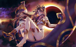 Rule 34 | 1girl, ahoge, anklet, ass, backlighting, bare shoulders, barefoot, boots, breasts, brown hair, crown, eclipse, fate/grand order, fate (series), floating hair, heavenly boat maanna, high heel boots, high heels, highleg, ishtar (fate), jewelry, knees up, long hair, looking at viewer, neck ring, parted bangs, parted lips, red eyes, small breasts, solo, star (sky), thighs, toes, ttutto, two side up, very long hair