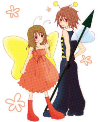Rule 34 | 00s, anna irving, antennae, bee, blush, brown eyes, brown hair, bug, butterfly, costume, couple, frown, bug, kratos aurion, long hair, red hair, short hair, smile, tales of (series), tales of symphonia, waving, wings