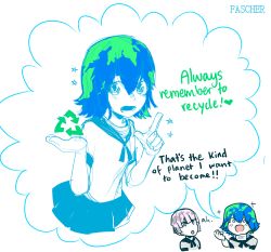 Rule 34 | 2girls, arrow (symbol), blue hair, blush, character request, earth-chan, english text, fascher, green hair, heart, highres, index finger raised, looking at viewer, miniskirt, multicolored hair, multiple girls, original, personification, recycling symbol, school uniform, serafuku, short hair, short sleeves, simple background, skirt, sparkle, speech bubble, star (symbol), tagme, two-tone hair, white background