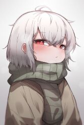 Rule 34 | 1girl, ahoge, blush, female focus, gradient background, green scarf, grey background, highres, hourglass 02, looking at viewer, original, red eyes, scarf, slit pupils, solo, sweater, upper body, white background, white hair
