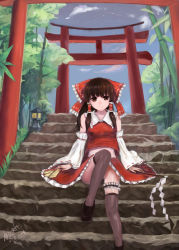 Rule 34 | 1girl, absurdres, artist name, ascot, bamboo, bow, brown eyes, brown hair, cloud, dated, day, detached sleeves, faux traditional media, female focus, gohei, hair bow, hair tubes, hakurei reimu, highres, bridal garter, long hair, looking at viewer, lxz198908, midriff, ofuda, sitting, sitting on stairs, skirt, skirt set, smile, solo, stairs, stone lantern, thighhighs, torii, touhou, tree, twilight