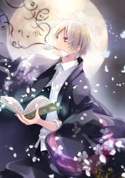 Rule 34 | 1boy, black pants, blonde hair, book, cape, collared shirt, from side, full moon, grey eyes, holding, holding book, kuga tsukasa, male focus, moon, mouth hold, natsume takashi, natsume yuujinchou, open book, pants, shirt, sleeves rolled up, solo, standing, white shirt, wing collar