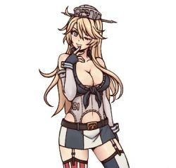 Rule 34 | 10s, 1girl, asymmetrical legwear, bad id, bad pixiv id, bare shoulders, blonde hair, breasts, elbow gloves, fingerless gloves, front-tie top, garter straps, gloves, grey eyes, hand to own mouth, hat, iowa (kancolle), kantai collection, large breasts, long hair, lowres, miniskirt, mismatched legwear, navel, one eye closed, raiyatomic, skirt, smile, solo, striped clothes, striped skirt, striped thighhighs, thighhighs, vertical-striped clothes, vertical-striped thighhighs