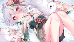 Rule 34 | 1girl, animal, bare legs, blush, commentary, dog, dot nose, eip (pepai), floral print, flower, from above, green kimono, hair between eyes, hair flower, hair ornament, hands on own chest, highres, japanese clothes, kimono, kokkoro (new year) (princess connect!), kokkoro (princess connect!), looking at viewer, looking up, lying, obi, on back, on ground, outdoors, princess connect!, red hair, sash, short hair, short kimono, smile, snow, solo, symbol-only commentary, tsurime, white hair, wide sleeves
