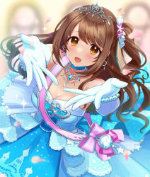 Rule 34 | 1girl, absurdres, bead bracelet, beads, blue choker, blue dress, blush, bracelet, breasts, brown eyes, brown hair, choker, commentary request, dress, earrings, elbow gloves, gloves, hands up, highres, idolmaster, idolmaster cinderella girls, idolmaster cinderella girls starlight stage, jewelry, looking at viewer, medium breasts, necklace, one side up, open mouth, sakura ran, shimamura uzuki, smile, solo, tiara, white gloves