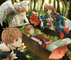Rule 34 | 4boys, angel wings, arrow (projectile), ascot, axis powers hetalia, bad id, bad pixiv id, blonde hair, bouquet, closed eyes, coffin, cross, daffodil, eyepatch, flower, forest, funeral, gloves, hood basket, lying, male focus, military, military uniform, motune, multiple boys, multiple persona, nature, outdoors, petals, plant, ribbon, rose, submerged, tree, uniform, united kingdom (hetalia), wading, water, wings, yellow eyes