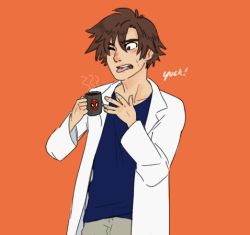 Rule 34 | 1boy, brown hair, coffee, disk wars avengers, lowres, male focus, marvel, one eye closed, open mouth, orange background, peter parker, short hair, simple background, solo, spider-man, tongue, tongue out