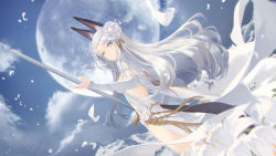 Rule 34 | 1girl, animal ears, backless dress, backless outfit, blue eyes, braid, cape, closed mouth, clothing cutout, cloud, commentary request, detached sleeves, dress, dutch angle, flower, hair flower, hair ornament, highres, holding, holding sword, holding weapon, long hair, long sleeves, looking at viewer, looking to the side, moon, mountain, mountainous horizon, olivia (pride of eden), outdoors, petals, red: pride of eden, side slit, sky, solo, sougishi ego, sword, tail, tail through clothes, tassel, weapon, white cape, white dress, white flower, white hair, white theme