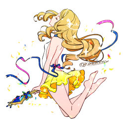 Rule 34 | 1girl, alternate costume, bare arms, barefoot, blonde hair, closed mouth, commentary request, creatures (company), eyelashes, closed eyes, floating hair, from side, game freak, holding, holding scepter, kanimaru, long hair, nintendo, pokemon, pokemon (anime), pokemon xy (anime), ribbon, scepter, serena (pokemon), sleeveless, solo, toes, white background