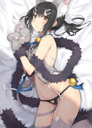 Rule 34 | 1girl, 3:, animal ears, animal hands, bad id, bad pixiv id, bed sheet, bell, between legs, black hair, black panties, blue ribbon, blush, bow, brown eyes, closed mouth, collar, commentary, dangeroes beast (miyu), fate/kaleid liner prisma illya, fate (series), fur trim, garter straps, grey thighhighs, hair bow, hair ornament, hairclip, jingle bell, looking at viewer, lying, miyu edelfelt, nanananana, navel, neck bell, on side, panties, ponytail, ribbon, shawl, sidelocks, solo, tail, tail ornament, tail ribbon, thighhighs, thighs, underwear, vest, white bow