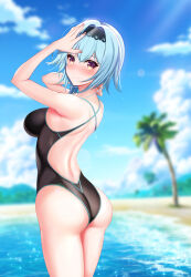 Rule 34 | 1girl, alternate costume, armpit crease, arms up, ass, beach, black hairband, black one-piece swimsuit, blue hair, blue sky, blurry, blurry background, blush, breasts, cloud, competition swimsuit, criss-cross back-straps, day, eula (genshin impact), fingernails, from behind, genshin impact, hairband, highres, large breasts, looking at viewer, looking back, median furrow, medium hair, one-piece swimsuit, orange eyes, palm tree, sabishiiyoru, sand, sidelocks, sky, smile, solo, swimsuit, tree