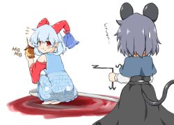 Rule 34 | absurdres, animal ears, bishamonten&#039;s pagoda, blood, blush, dowsing rod, eating, food, food on face, highres, horn ornament, horn ribbon, horns, mouse ears, mouse girl, mouse tail, nazrin, ndliner41, pagoda, red eyes, ribbon, simple background, spork, squatting, surprised, tail, touhou, toutetsu yuuma, white background, white hair
