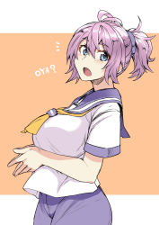 Rule 34 | 1girl, :o, aoba (kancolle), blue eyes, blush, breasts, kantai collection, large breasts, looking back, messy hair, own hands together, pink hair, ponytail, school uniform, serafuku, short sleeves, shorts, simple background, solo, tsukinami kousuke, turning head, two-tone background, yellow neckwear